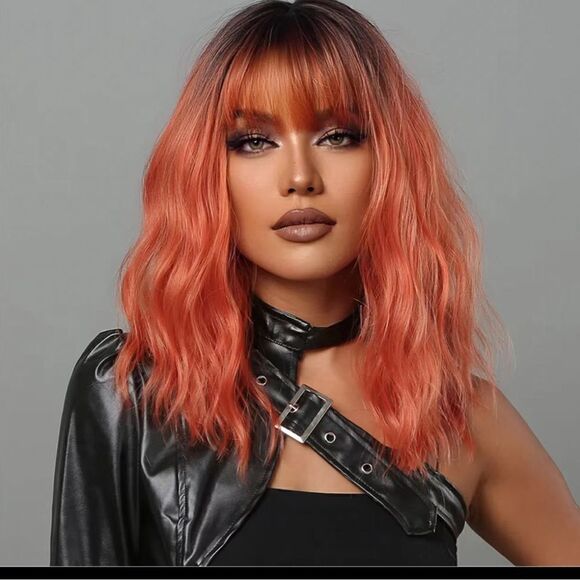 Stunning 18 inch bob water wave, medium length brown granite, dark red ombre wig - Picture 6 of 7